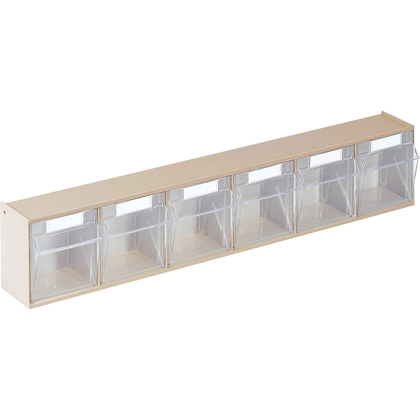 Visual storage container system, housing HxWxD 113 x 600 x 91 mm, 6 bins, sand beige.