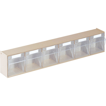 Visual storage container system, housing HxWxD 113 x 600 x 91 mm, 6 bins, sand beige.