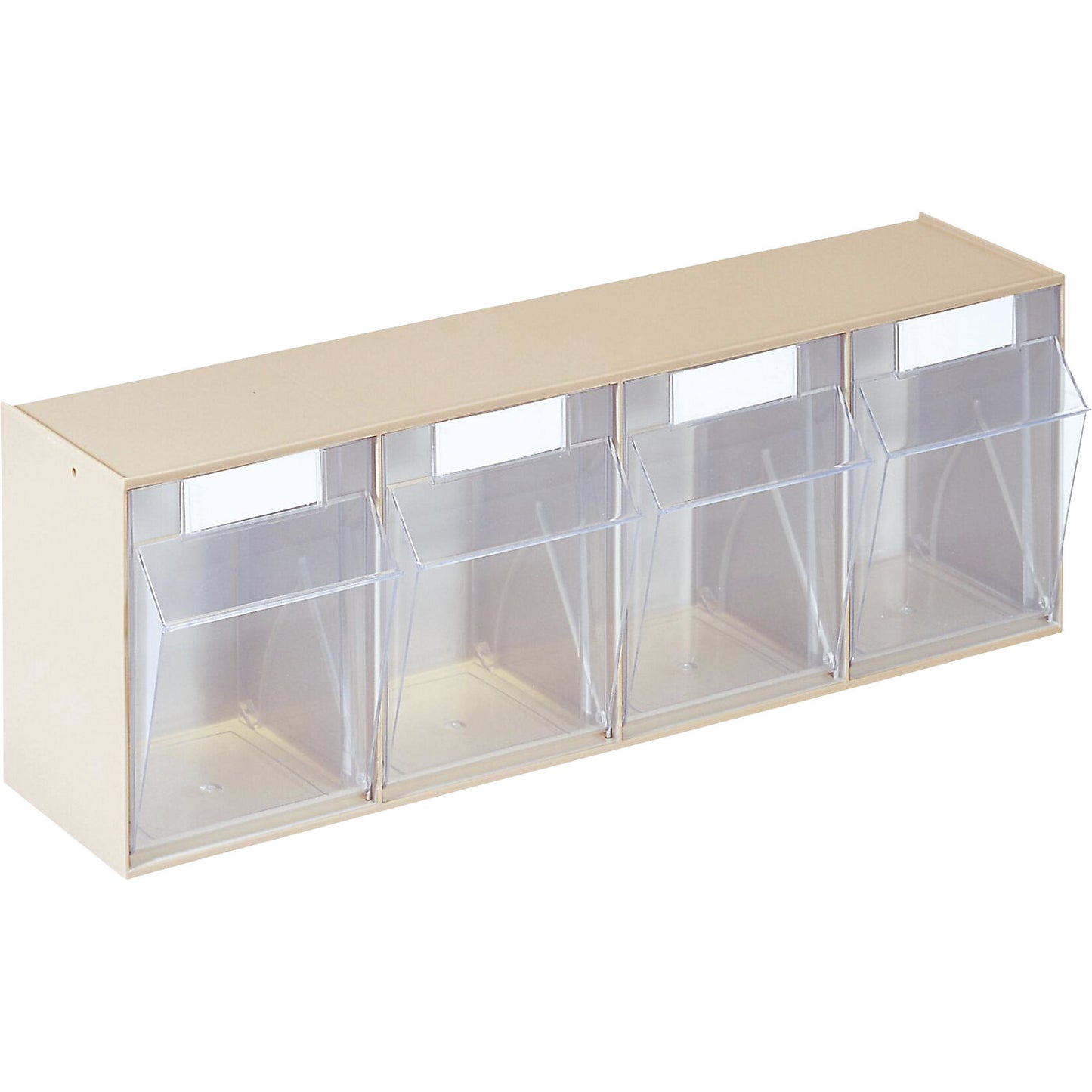 Visual storage container system, housing HxWxD 207 x 600 x 168 mm, 4 bins, sand beige.