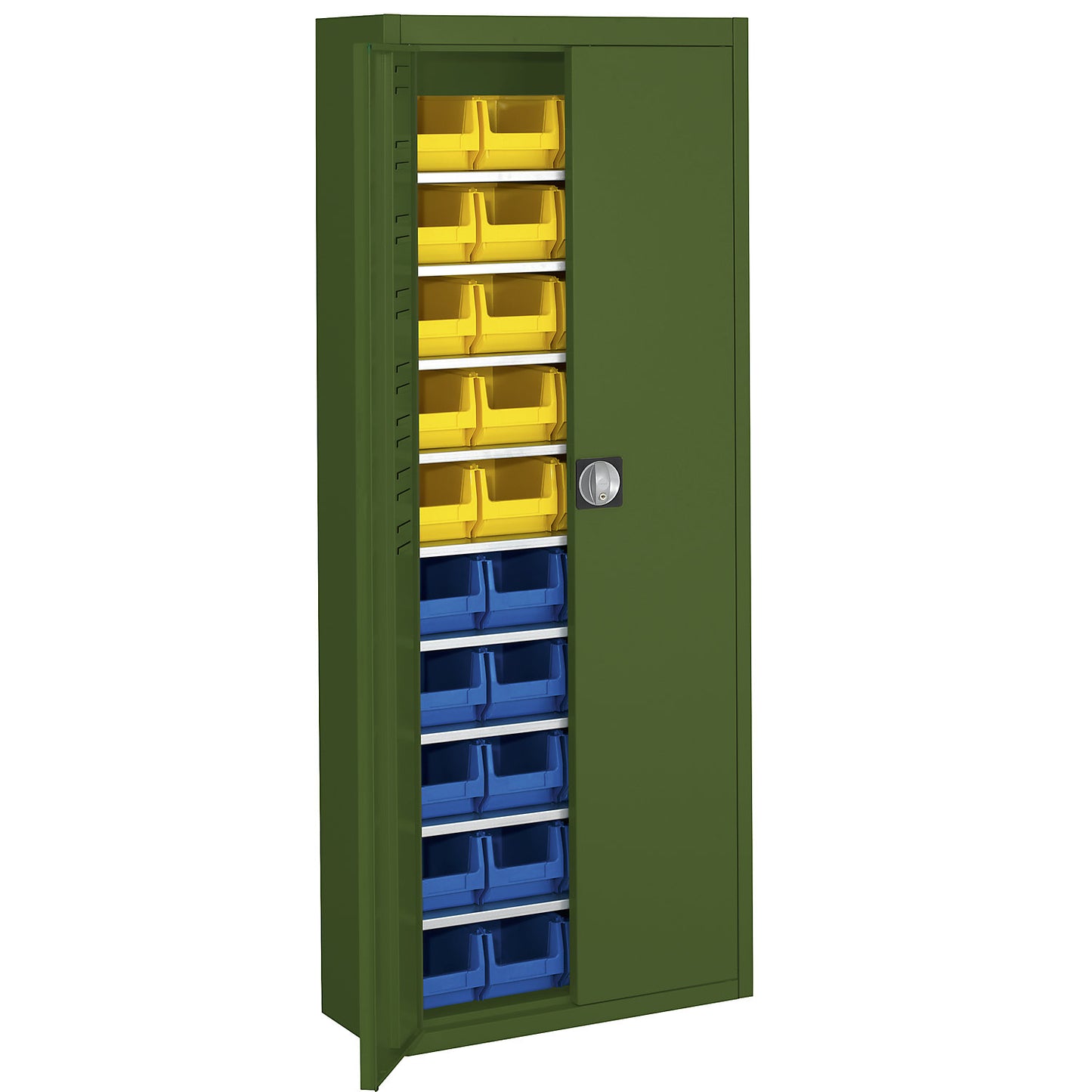 Storage cupboard with open fronted storage bins, HxWxD 1740 x 680 x 280 mm, single colour, green, 40 bins.