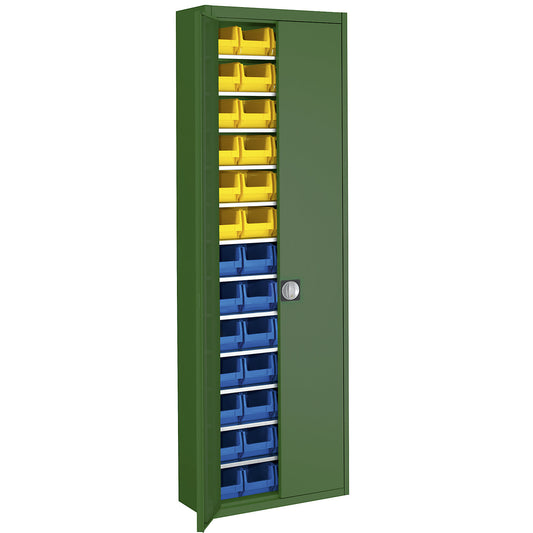 Storage cupboard with open fronted storage bins, HxWxD 2150 x 680 x 280 mm, single colour, green, 52 bins.