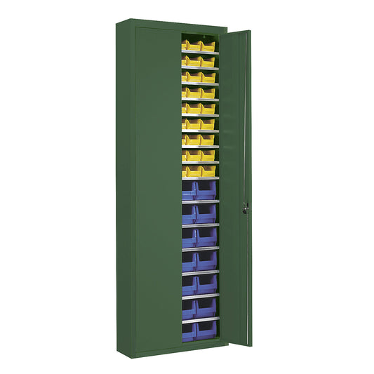 Storage cupboard with open fronted storage bins, HxWxD 2150 x 680 x 280 mm, single colour, green, 82 bins.