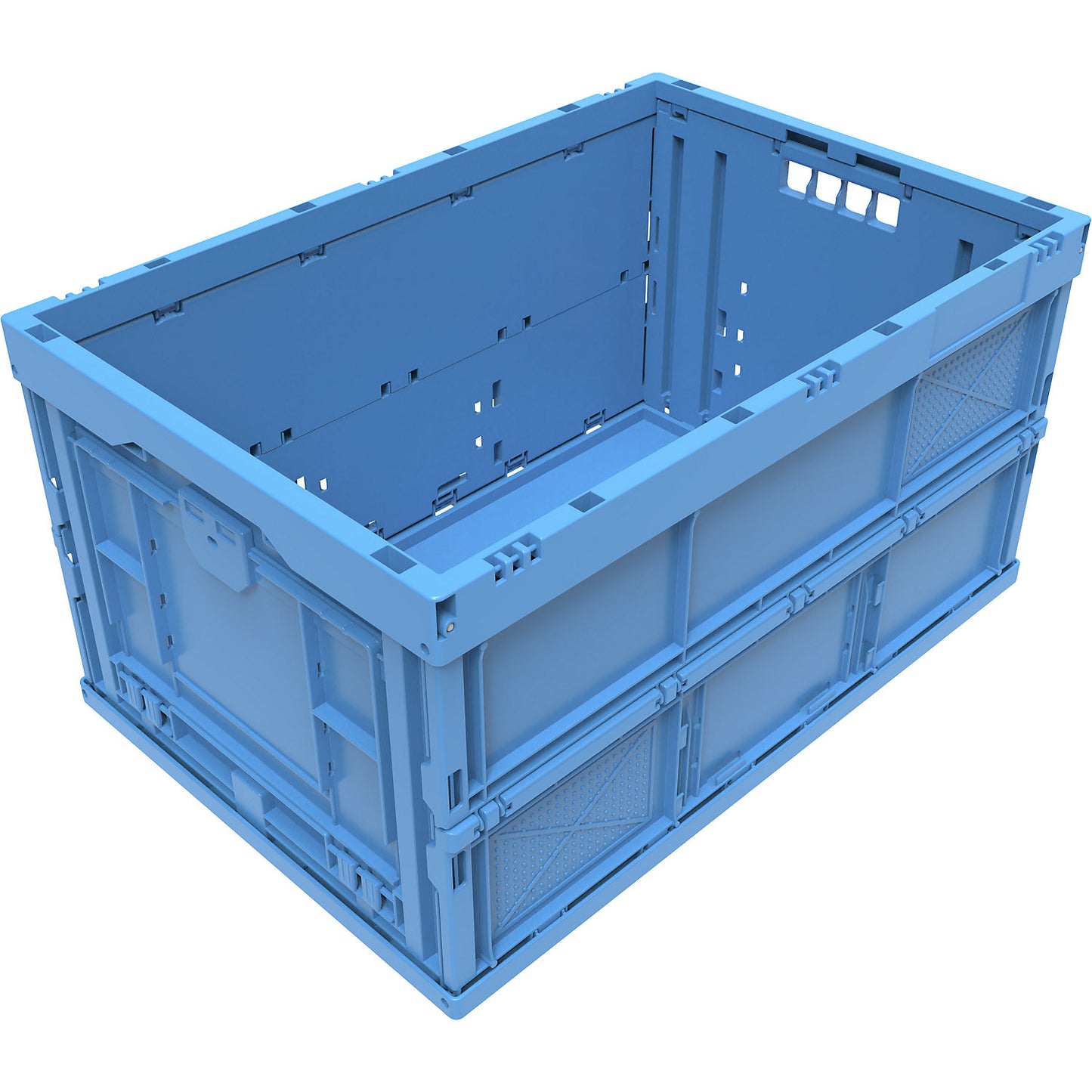 Polypropylene folding box, capacity 65 l, closed with access flap at front, blue, without lid.