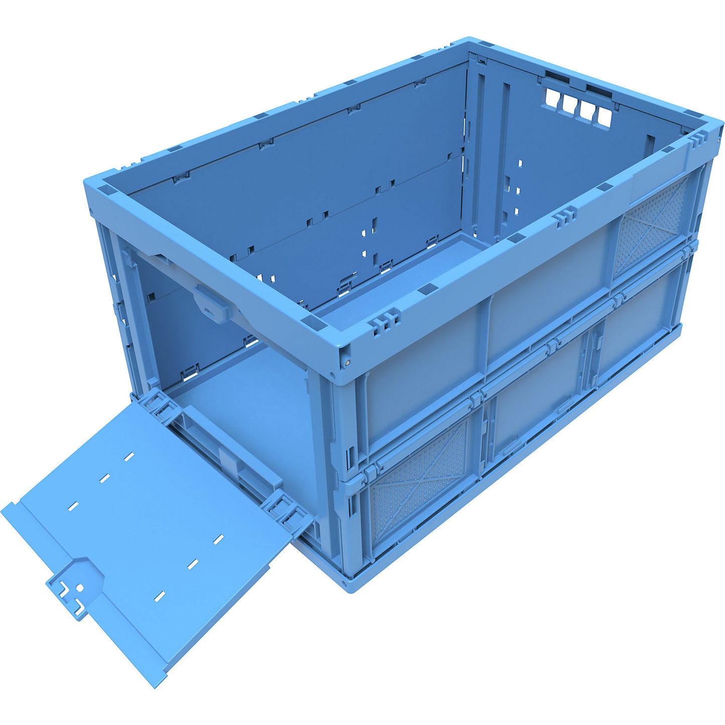 Polypropylene folding box, capacity 65 l, closed with access flap at front, blue, without lid.