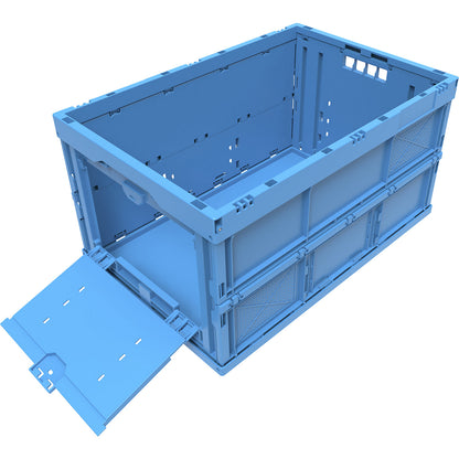 Polypropylene folding box, capacity 65 l, closed with access flap at front, blue, without lid.