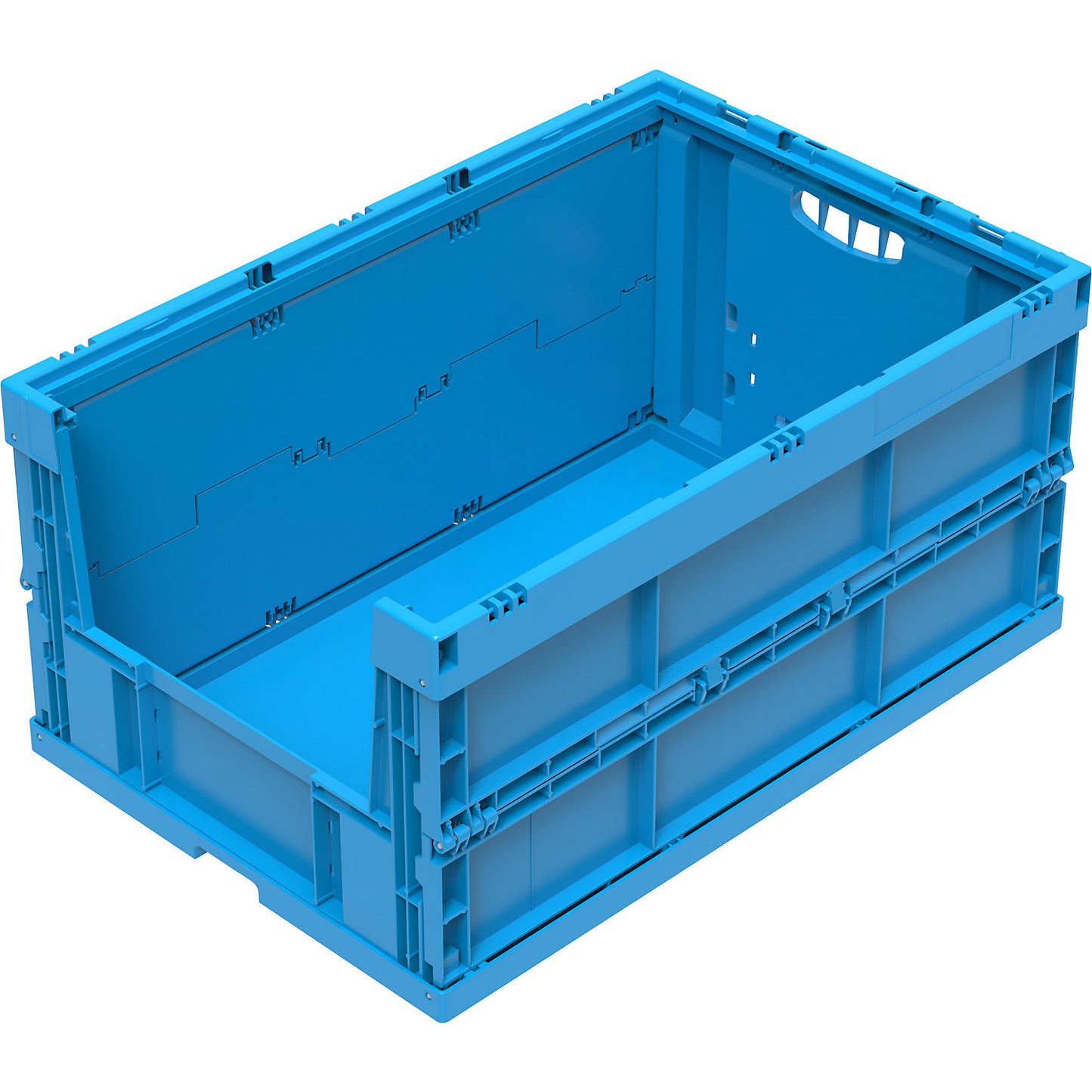 Polypropylene folding box, capacity 63 l, blue, solid design with access flap at one end.
