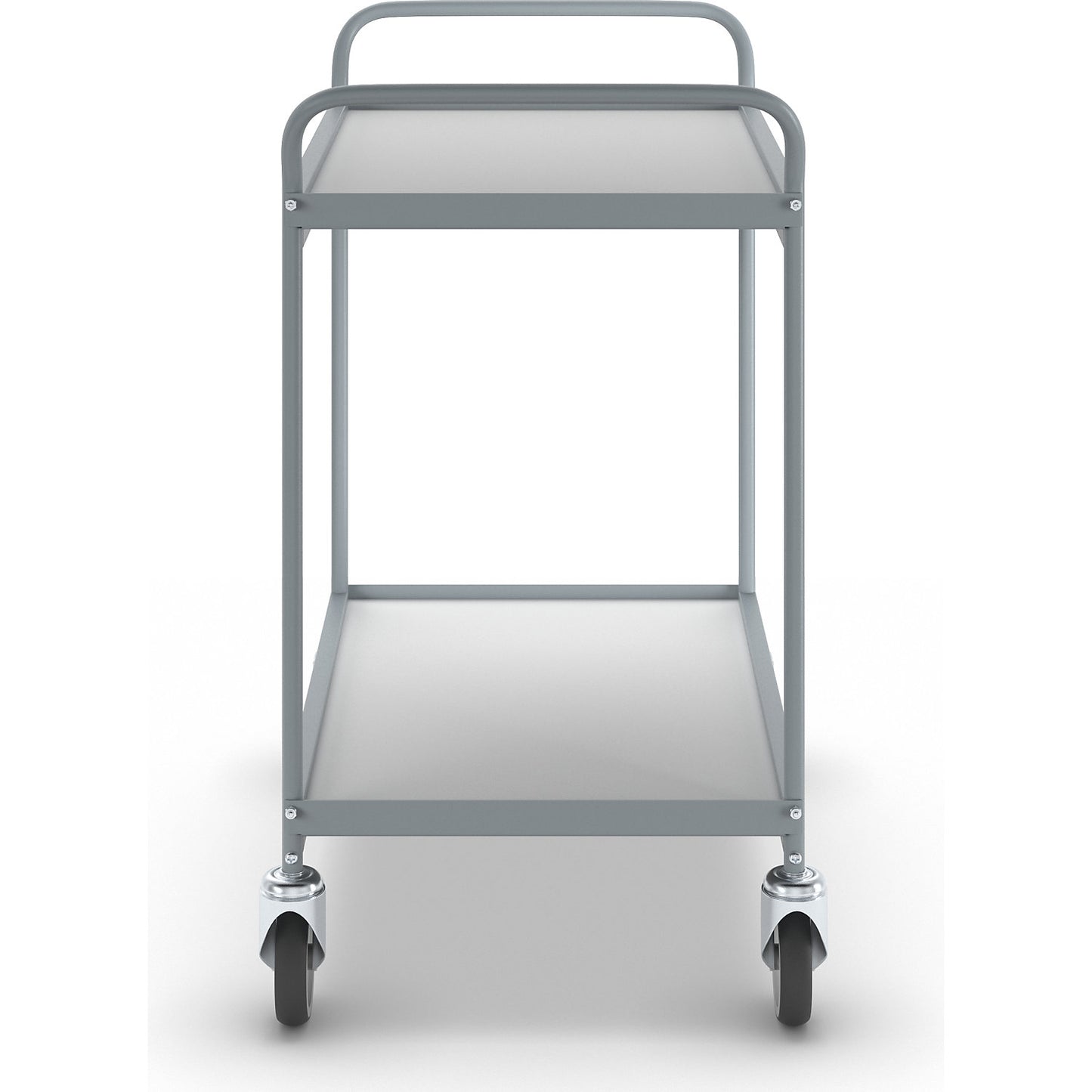 Serving trolley, platform 785 x 545 mm, max. load 150 kg, 2 shelves, 4 swivel castors.