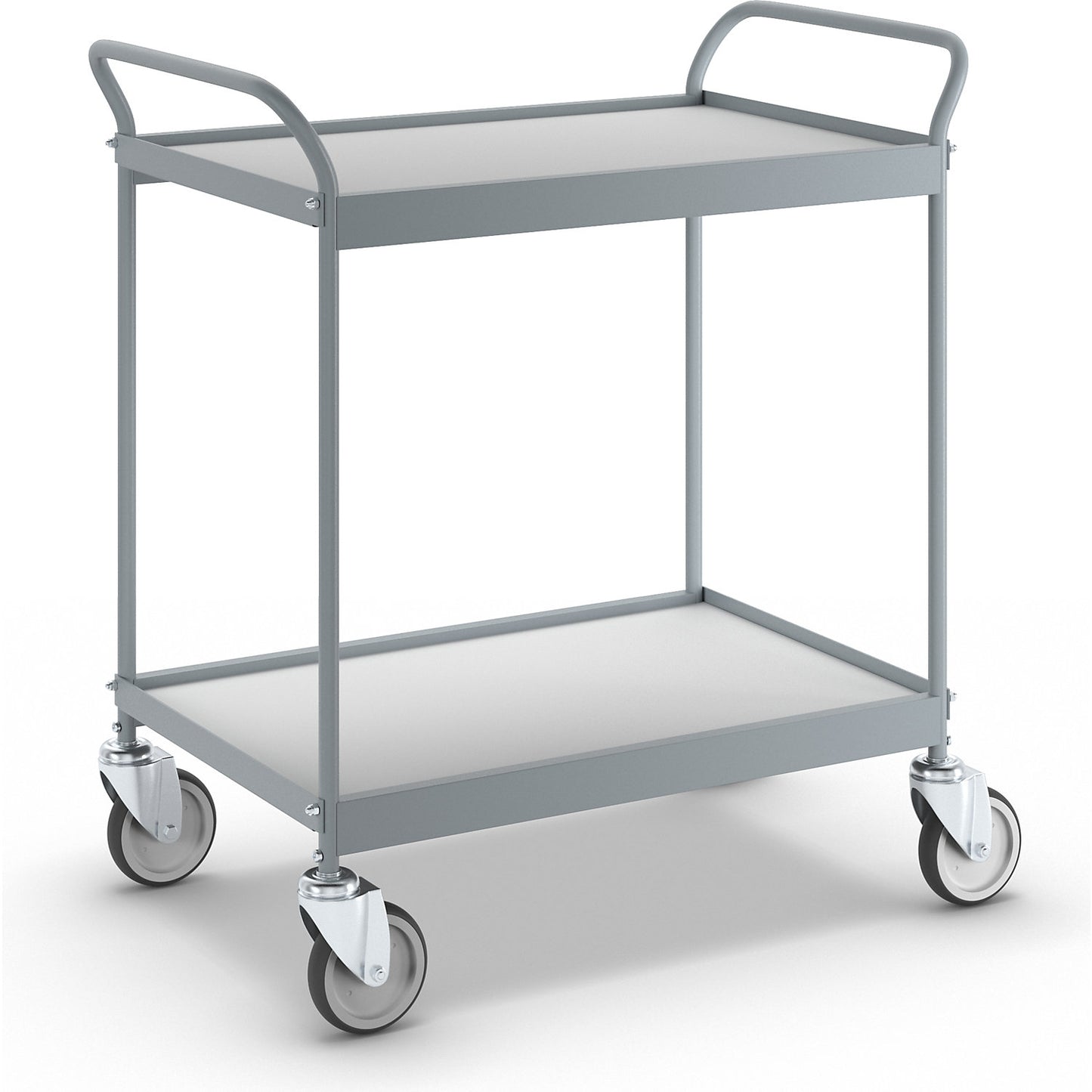 Serving trolley, platform 785 x 545 mm, max. load 150 kg, 2 shelves, 4 swivel castors.