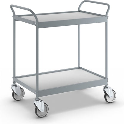 Serving trolley, platform 785 x 545 mm, max. load 150 kg, 2 shelves, 4 swivel castors.
