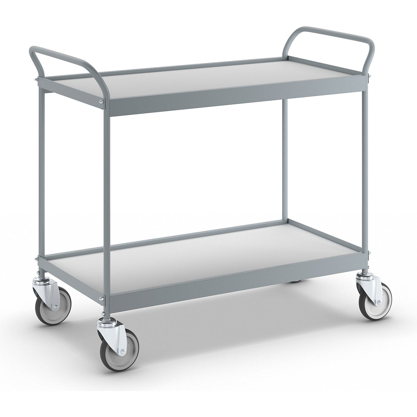 Serving trolley, platform 990 x 545 mm, max. load 150 kg, 2 shelves, 4 swivel castors.