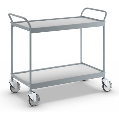 Serving trolley, platform 990 x 545 mm, max. load 150 kg, 2 shelves, 4 swivel castors.