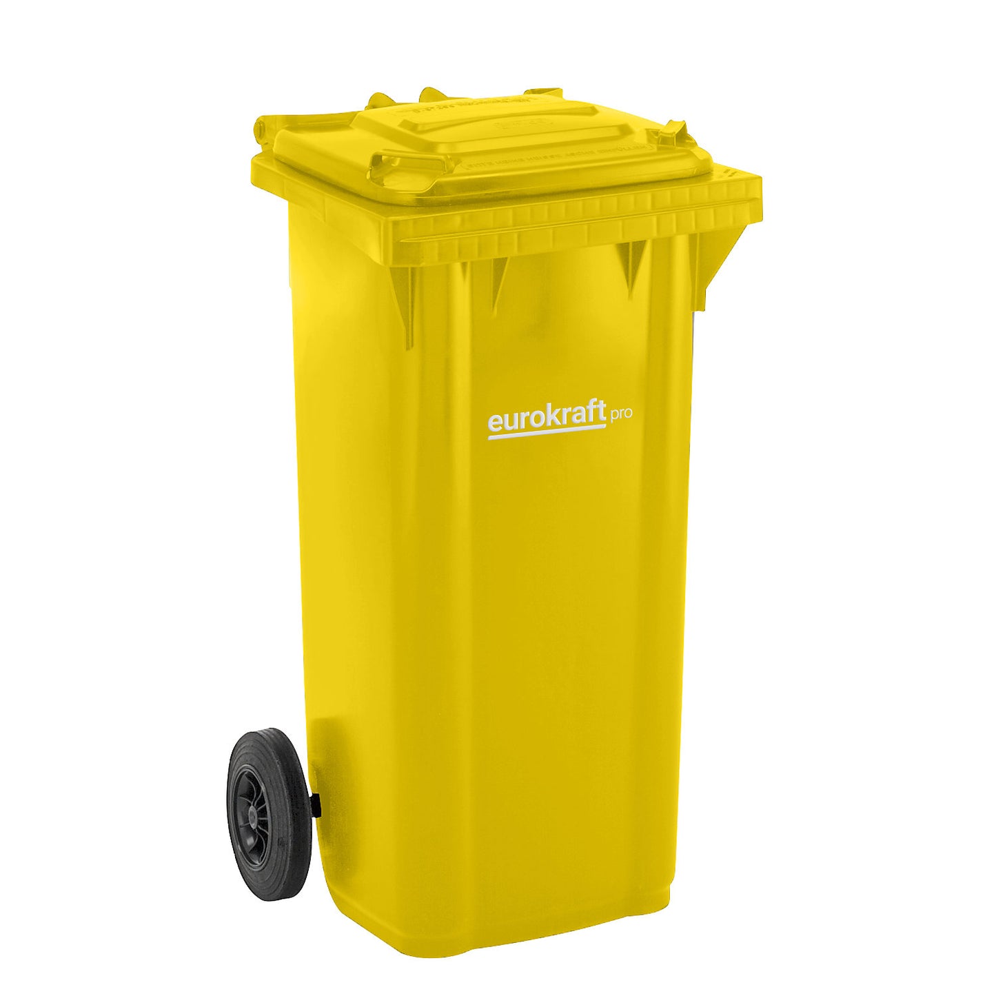 Plastic waste bin DIN EN 840, capacity 120 l, WxHxD 505 x 1005 x 555 mm, yellow.