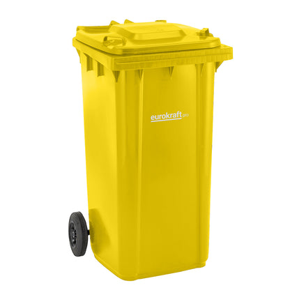 Plastic waste bin DIN EN 840, capacity 240 l, WxHxD 580 x 1100 x 740 mm, yellow.