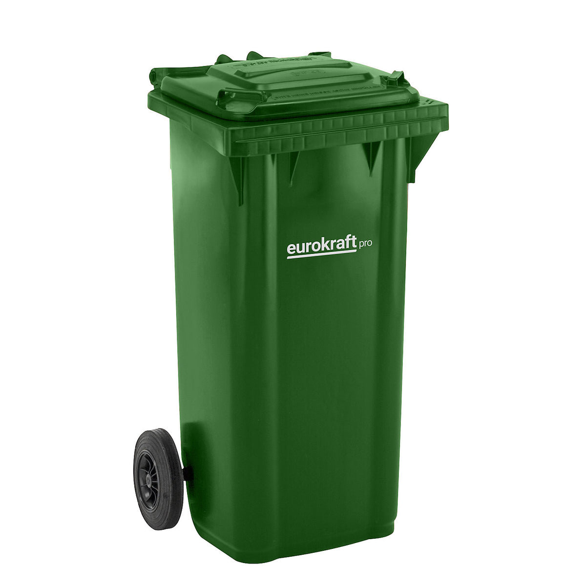 Plastic waste bin DIN EN 840, capacity 120 l, WxHxD 505 x 1005 x 555 mm, green.