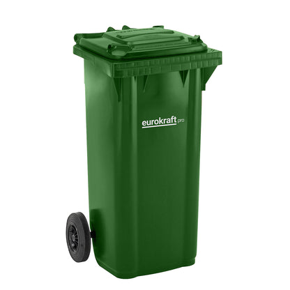 Plastic waste bin DIN EN 840, capacity 120 l, WxHxD 505 x 1005 x 555 mm, green.