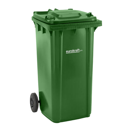 Plastic waste bin DIN EN 840, capacity 240 l, WxHxD 580 x 1100 x 740 mm, green.