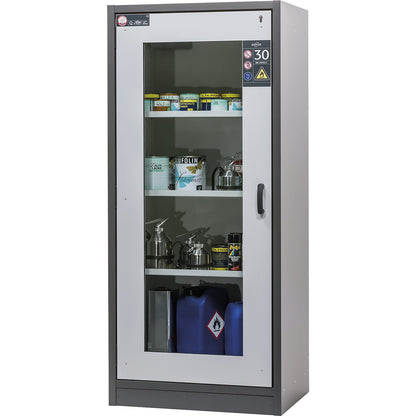 Fire resistant hazardous goods cupboard, type 30, with vision panel, light grey.
