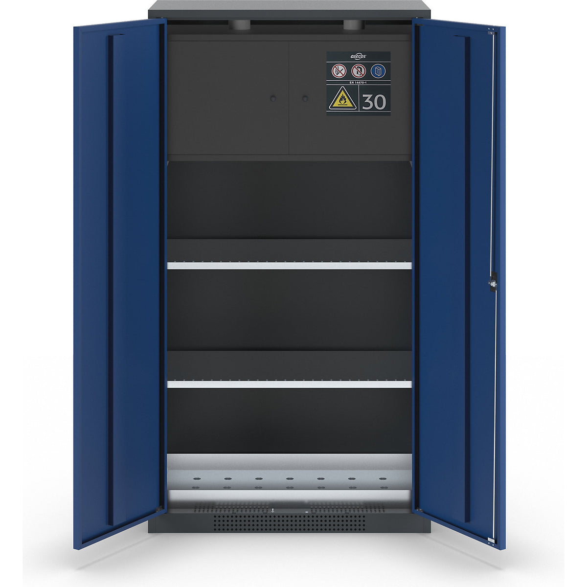Chemical storage cupboard, solid door, with type 30 hazardous goods storage box, gentian blue.