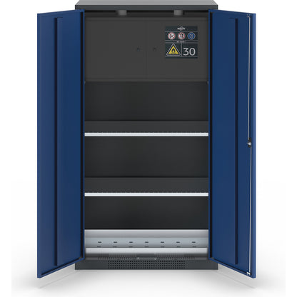 Chemical storage cupboard, solid door, with type 30 hazardous goods storage box, gentian blue.