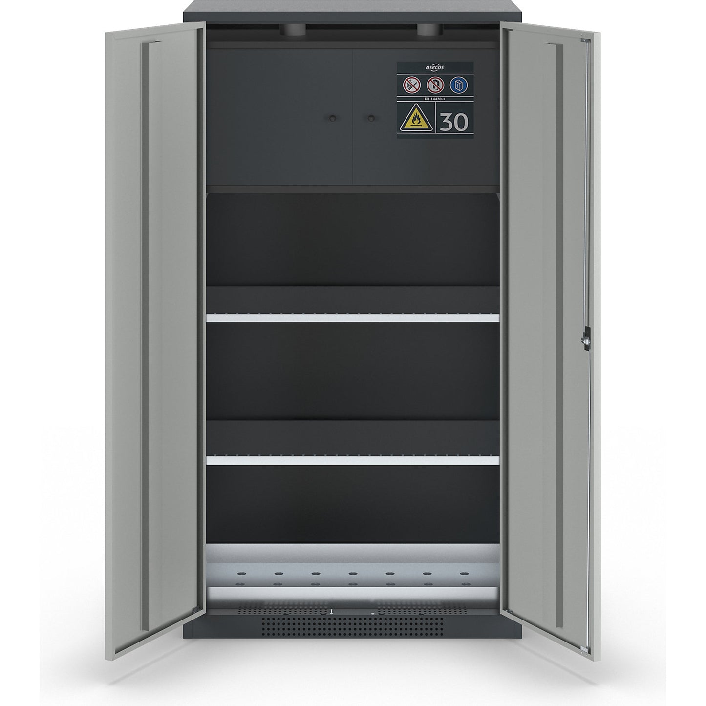 Chemical storage cupboard, solid door, with type 30 hazardous goods storage box, light grey.