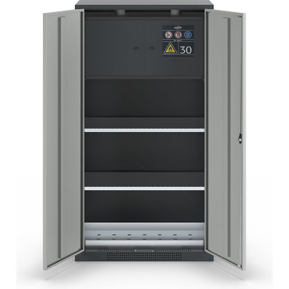 Chemical storage cupboard, solid door, with type 30 hazardous goods storage box, light grey.
