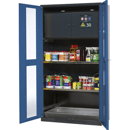 Chemical storage cupboard, door with vision panels, with type 30 hazardous goods storage box, gentian blue.