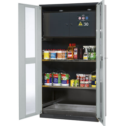 Chemical storage cupboard, door with vision panels, with type 30 hazardous goods storage box, light grey.