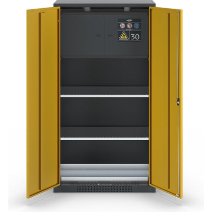 Chemical storage cupboard, solid door, with type 30 hazardous goods storage box, gold yellow.