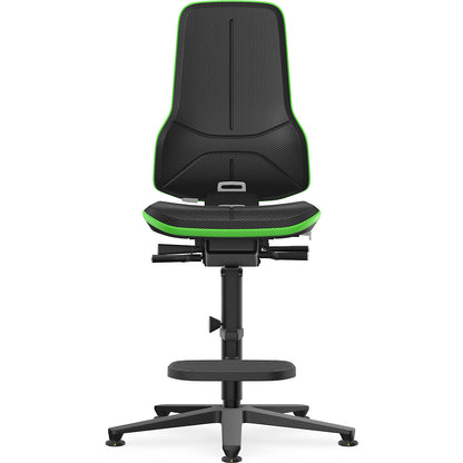 NEON ESD industrial swivel chair, floor glides, step-up, synchronous mechanism, skintec, green bumper.