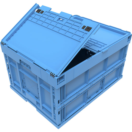 Polypropylene folding box, capacity 200 l, with hinged lid, blue.