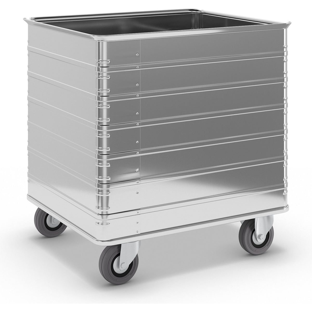 Aluminium box trolley, capacity 230 l, with edge and base profile.