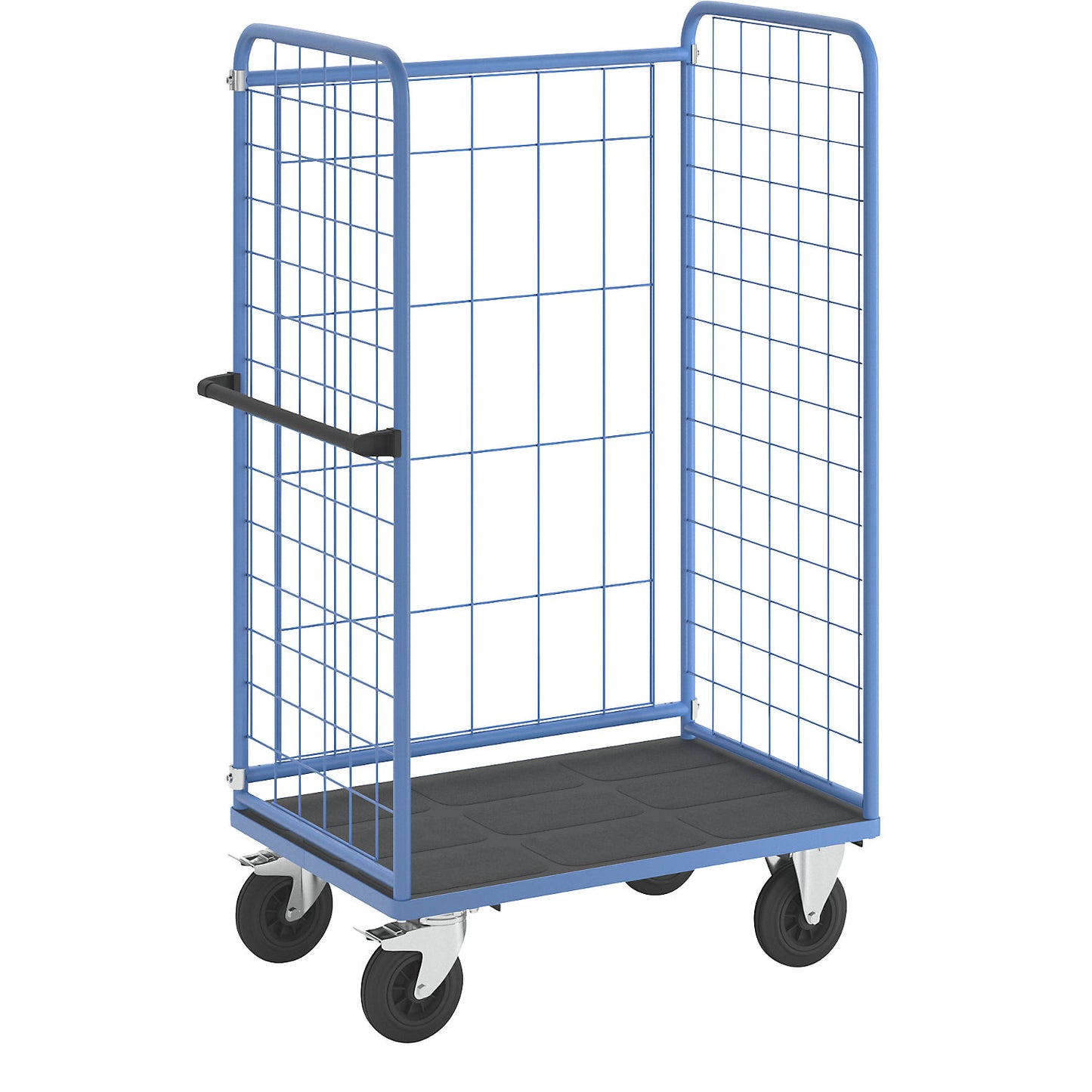 Shelf truck, wire mesh on three sides, max. load 500 kg, solid rubber tyres, platform LxW 975 x 630 mm.