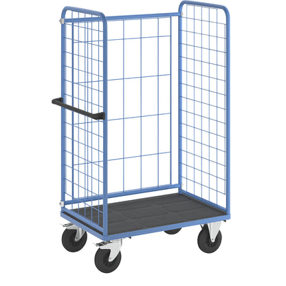 Shelf truck, wire mesh on three sides, max. load 500 kg, solid rubber tyres, platform LxW 975 x 630 mm.