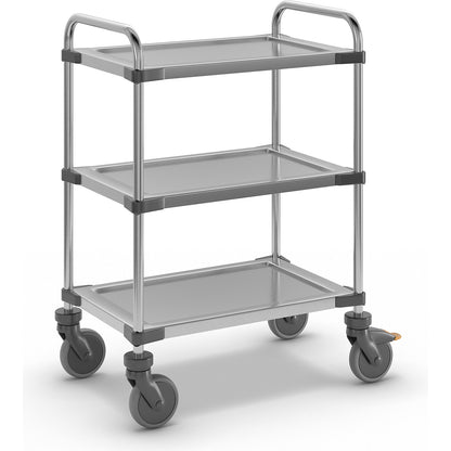 VARITHEK SERVO+ stainless steel table trolley, LxWxH 700 x 470 x 950 mm, platform 630 x 400 mm, 3 shelves, max. load 150 kg.