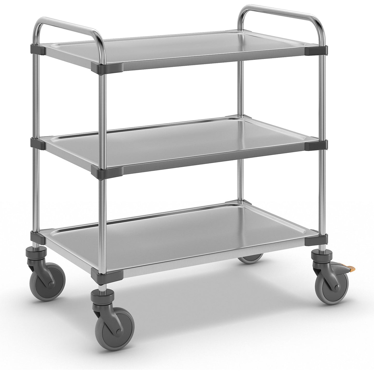 VARITHEK SERVO+ stainless steel table trolley, LxWxH 870 x 570 x 950 mm, platform 800 x 500 mm, 3 shelves, max. load 150 kg.