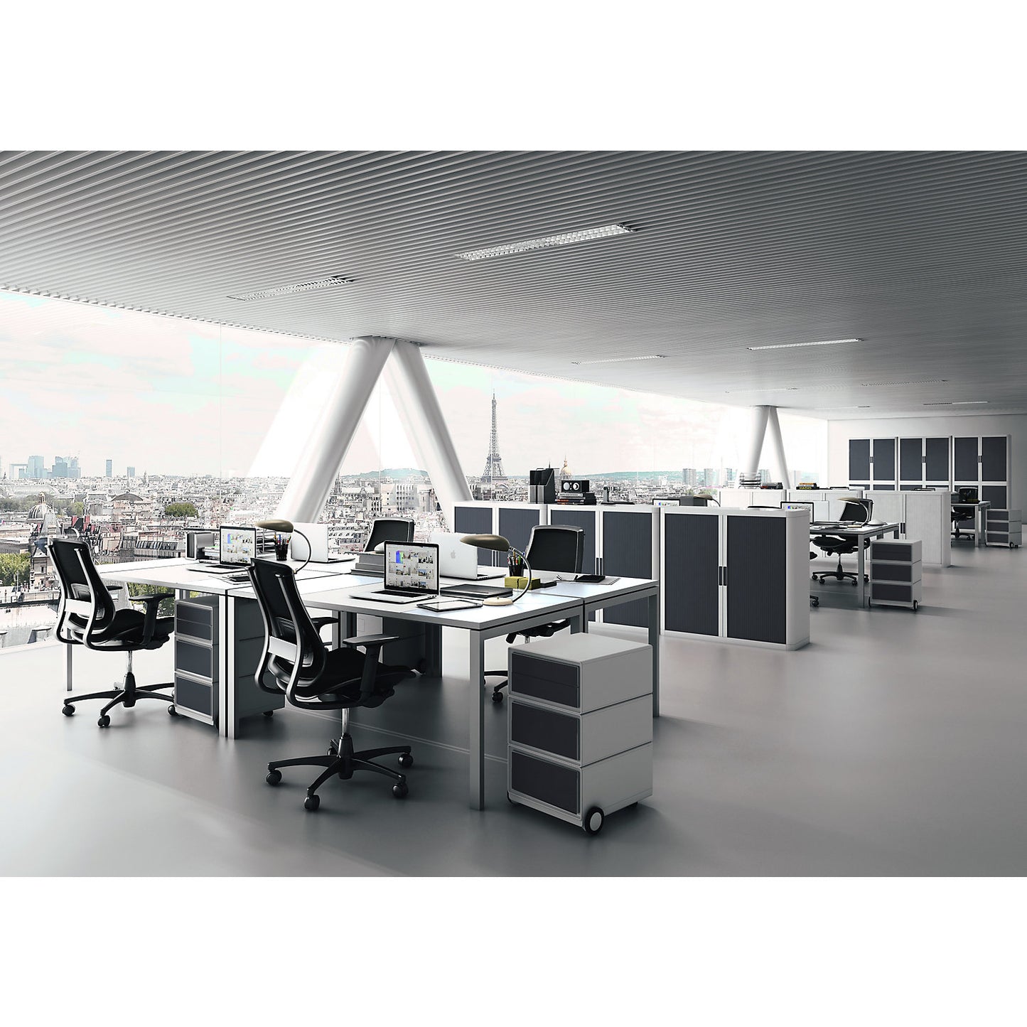 easyOffice® roller shutter cupboard, 4 shelves, height 2040 mm, white / charcoal.