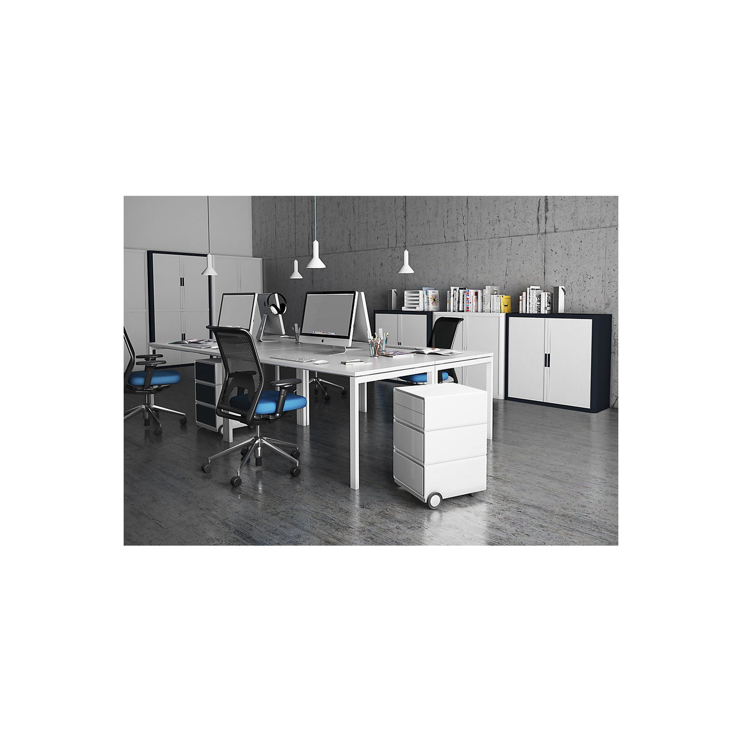 easyOffice® roller shutter cupboard, 4 shelves, height 2040 mm, white / white.