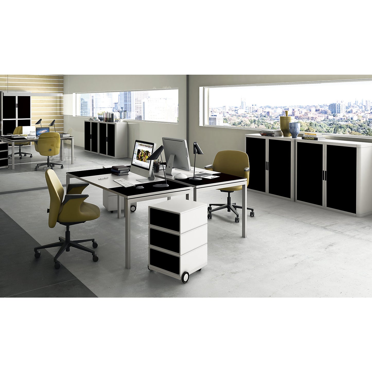 easyDesk® desk, height 750 mm, width 1400 mm, panel colour black / white.