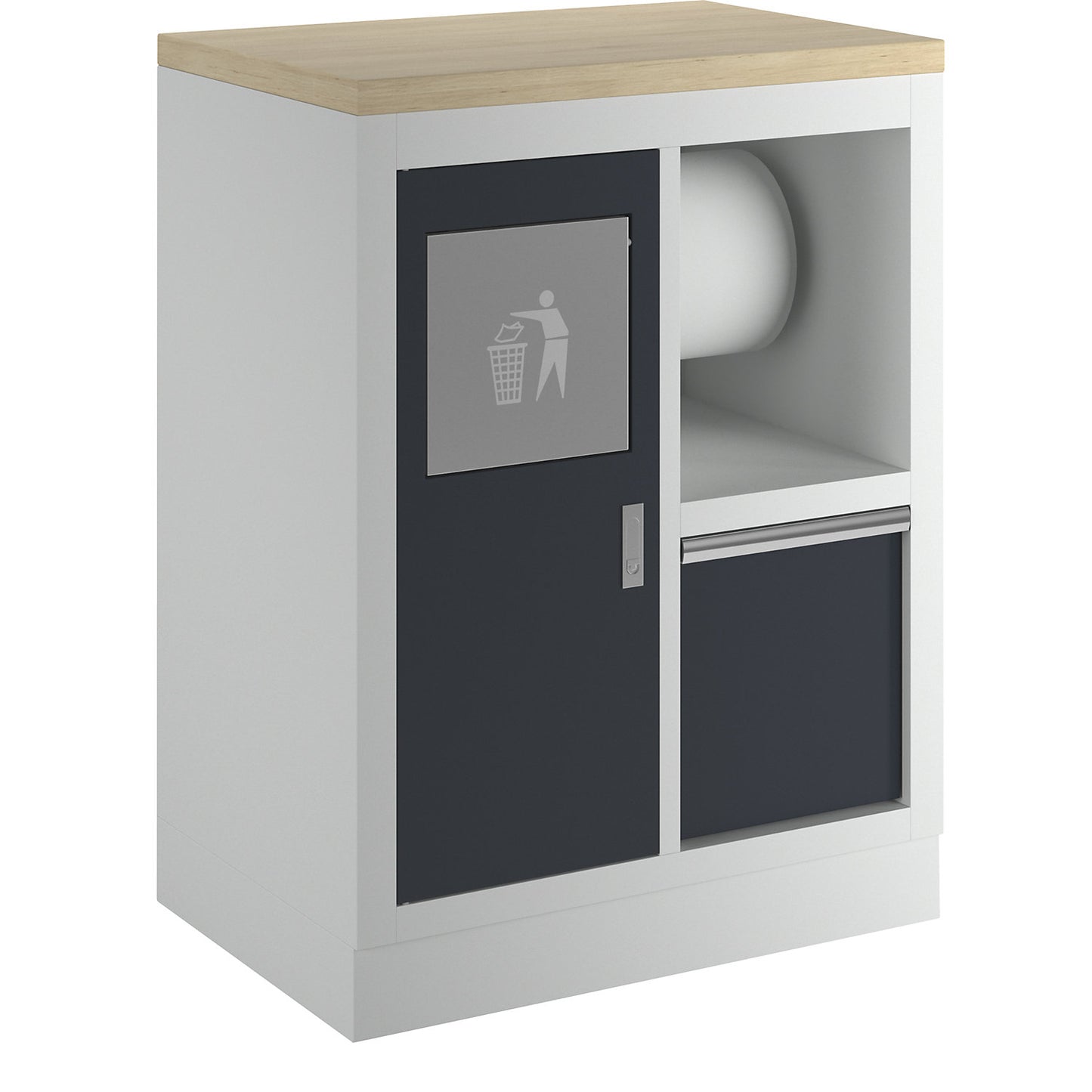 Waste and cleaning base cupboard, HxWxD 910 x 680 x 460 mm, central locking.