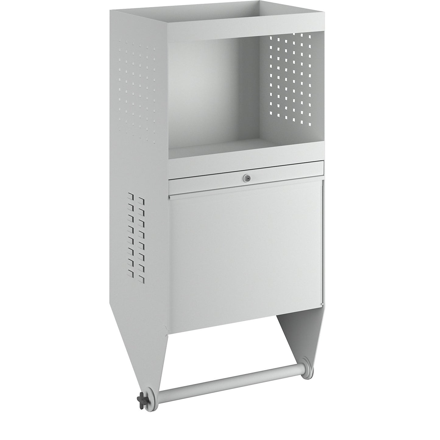 Wall mounted cupboard for tools, with folding work surface, max. reach 720 mm.