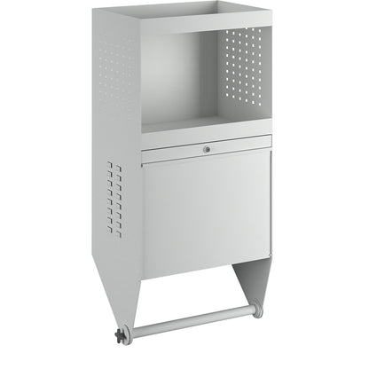 Wall mounted cupboard for tools, with folding work surface, max. reach 720 mm.