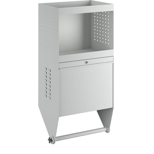 Wall mounted cupboard for tools, with folding work surface, max. reach 720 mm.