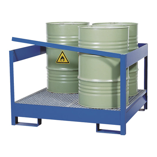 Drum sump tray for transport and storage, open rear and side steel frame, not stackable, for 2 drums, blue.