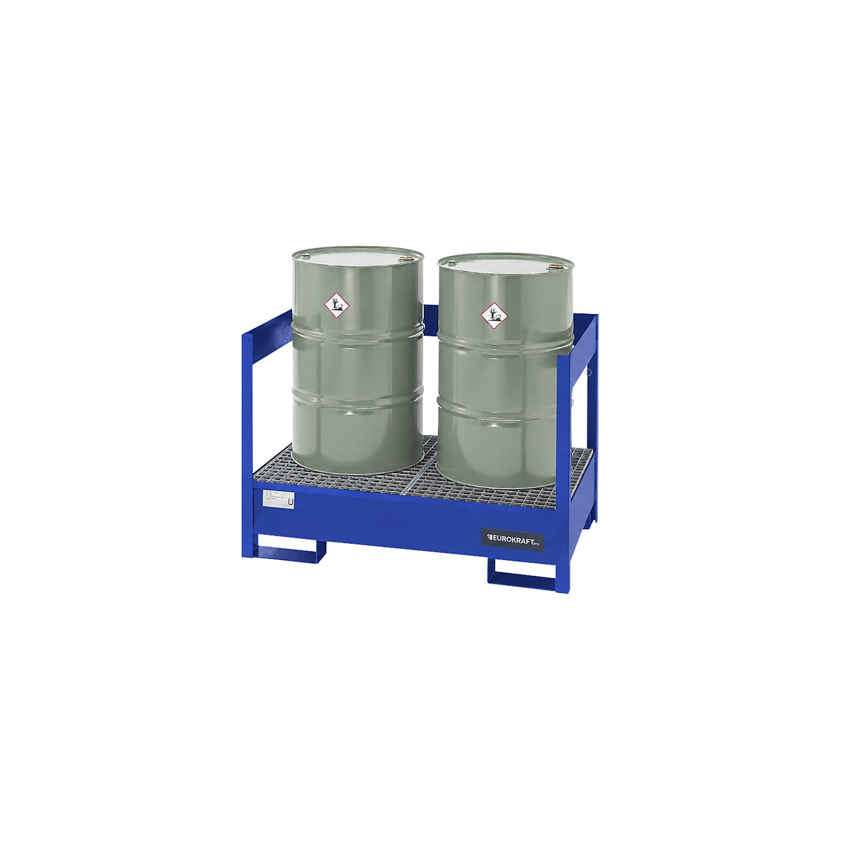 Drum pallets for transport and storage, open rear and side steel frame, not stackable, for 2 drums, zinc plated.