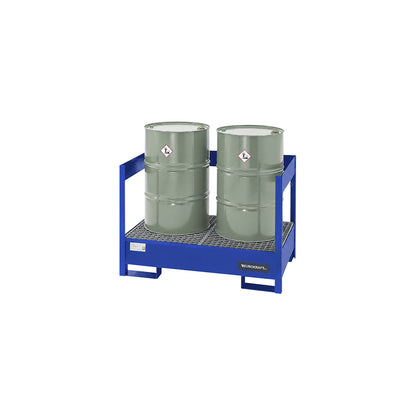 Drum pallets for transport and storage, open rear and side steel frame, not stackable, for 2 drums, zinc plated.