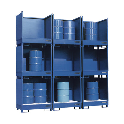 Drum sump tray for transport and storage, closed rear and side walls, stackable, for 2 drums, blue.