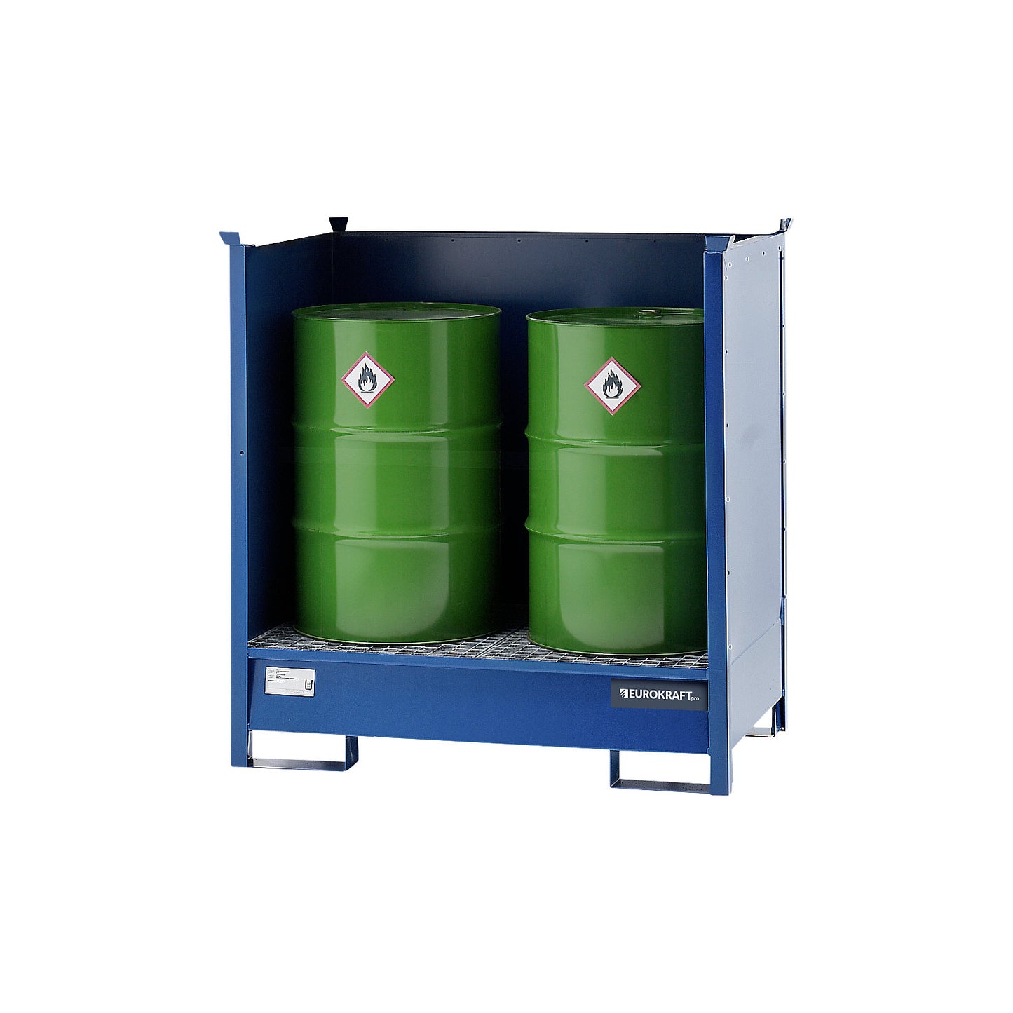 Drum sump tray for transport and storage, closed rear and side walls, stackable, for 2 drums, blue.