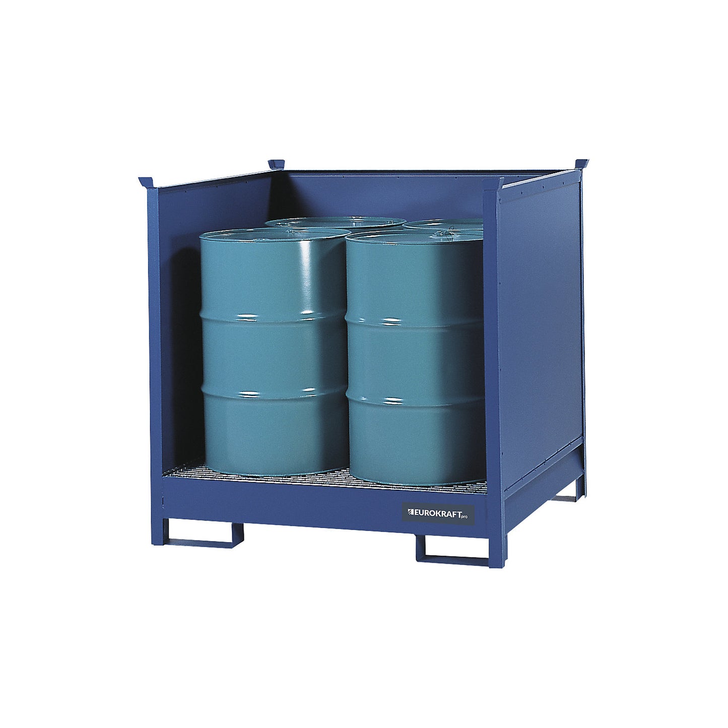 Drum sump tray for transport and storage, closed rear and side walls, stackable, for 4 drums, blue.
