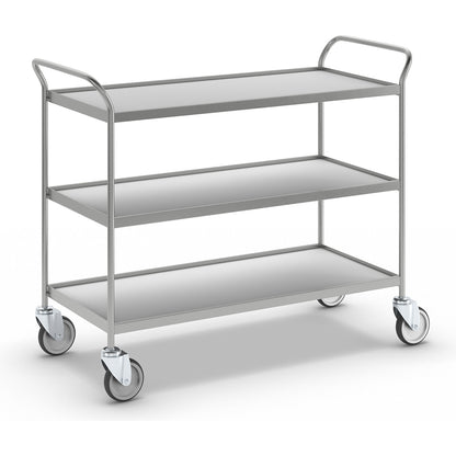 Serving trolley, 3 shelves in grey, with 4 swivel castors.