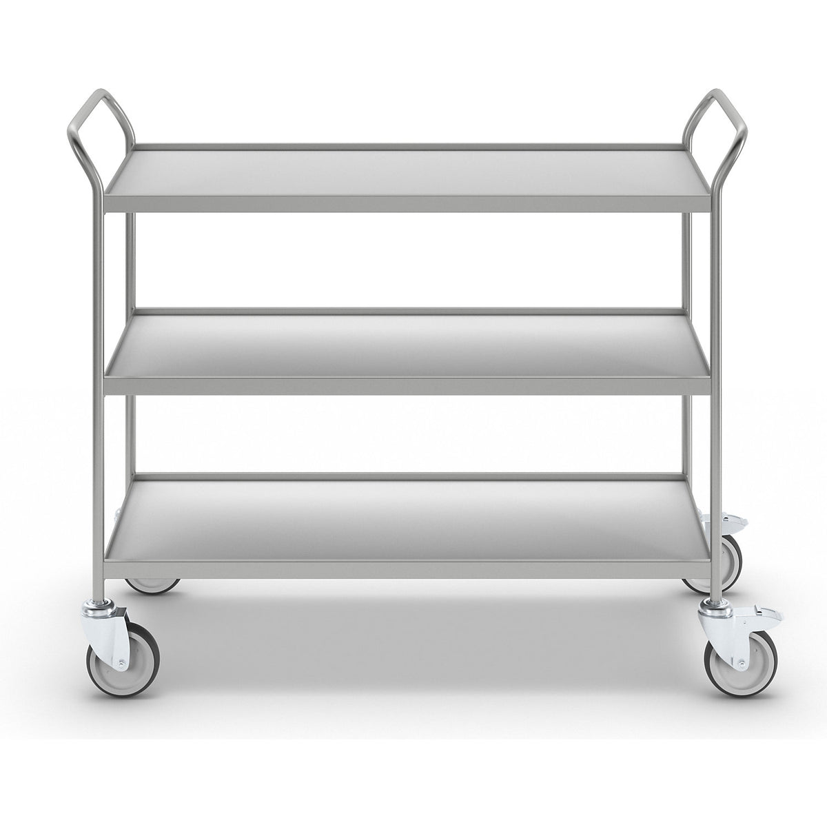 Serving trolley, 3 shelves in grey, with 4 swivel castors, 2 with double stops.
